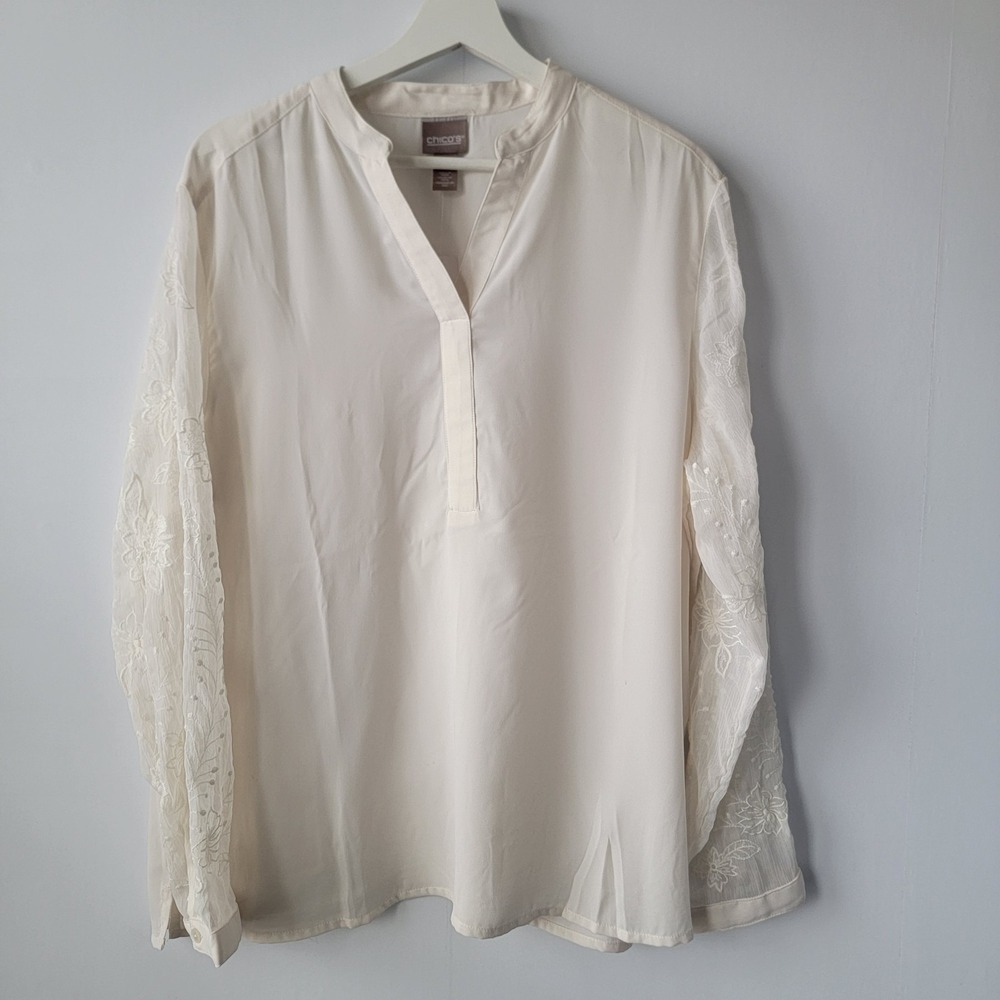 chico's women's Rosa Crepe sheer with embroidered sleeve top size XL silt neck